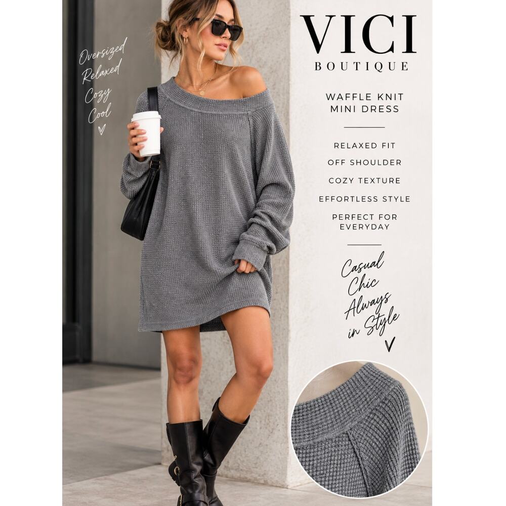 VICI Waffle Knit Sweater Dress L Gray Oversized Off Shoulder Slouchy Mini Tunic